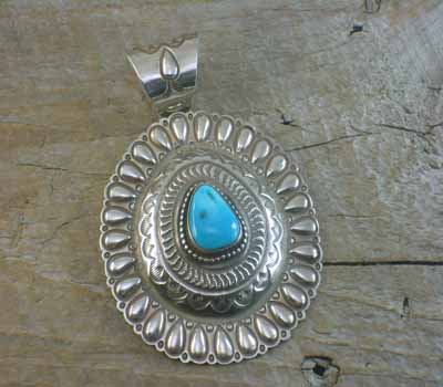 Hammered Silver & Turquoise Pendant - Large